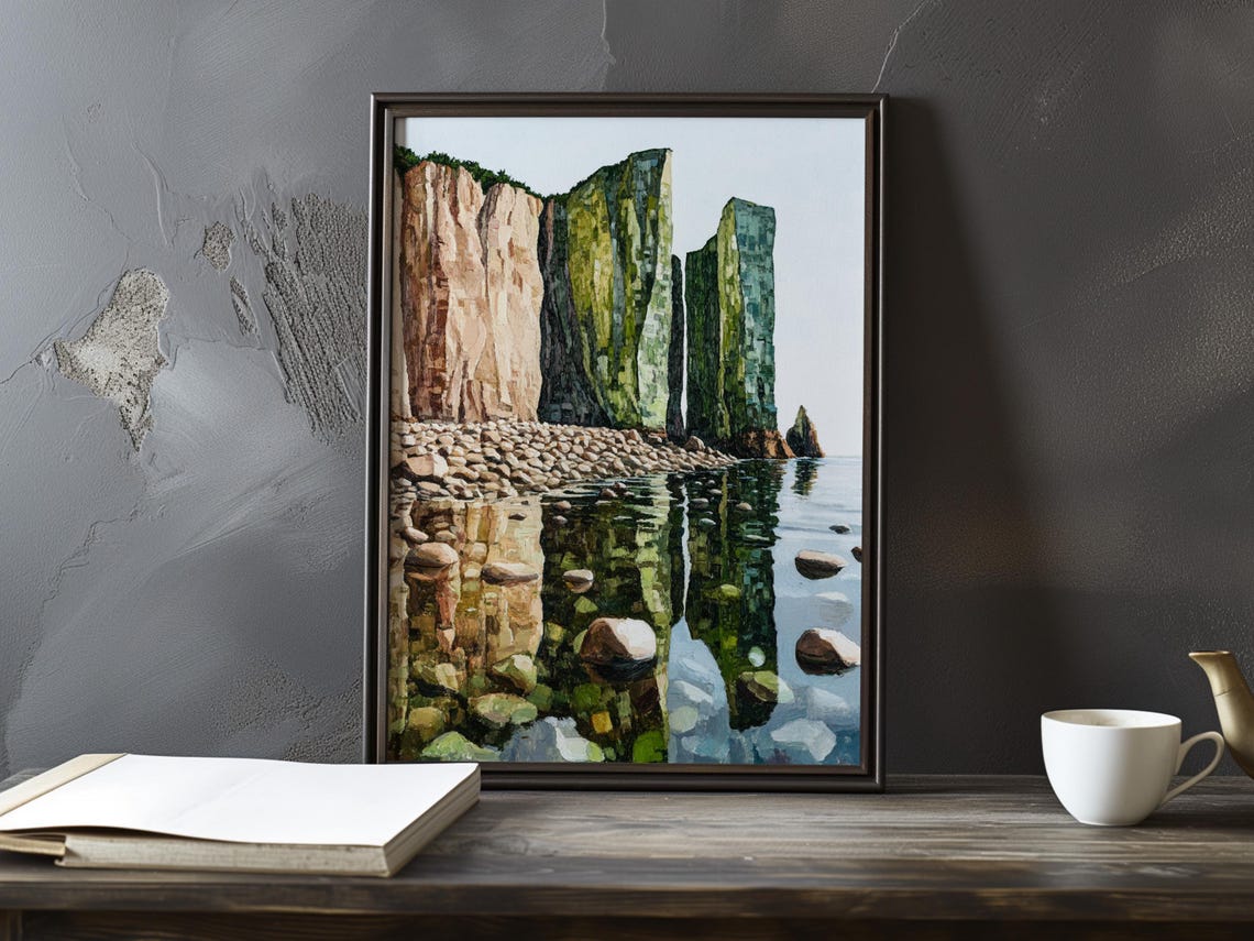 Mossy Stone Sea Cliffs Reflecting Over a Rocky Beach Landscape Poster