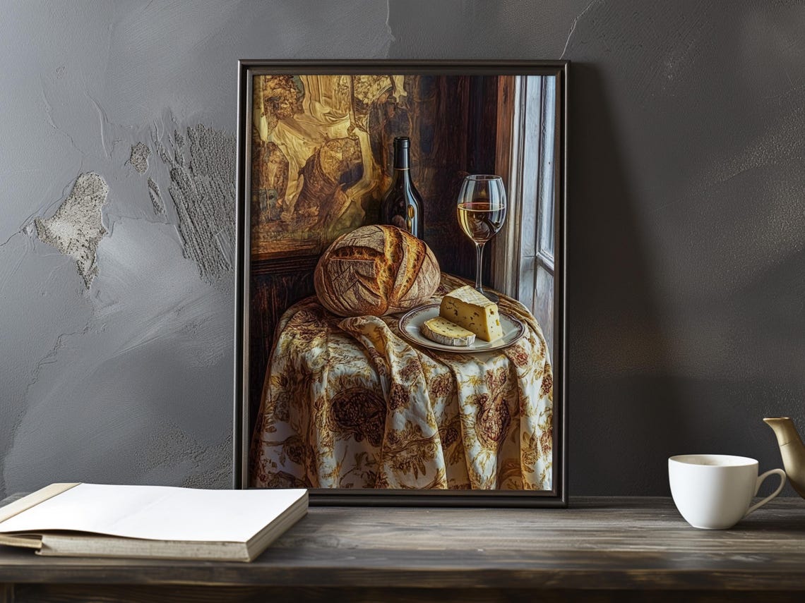 Bread Cheese and Wine Still Life by Window Rustic Art Poster
