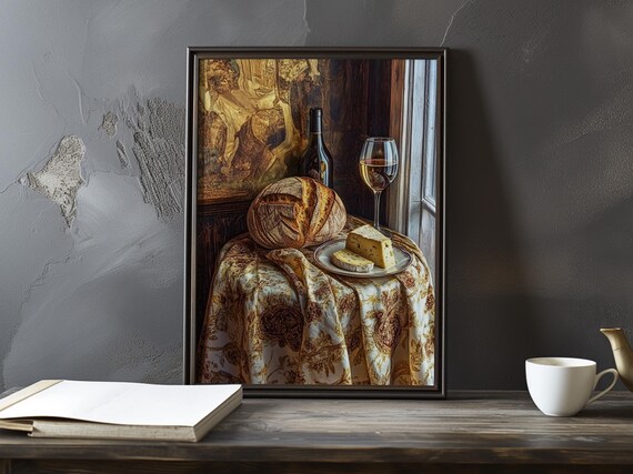 Bread Cheese and Wine Still Life by Window Rustic Art Poster