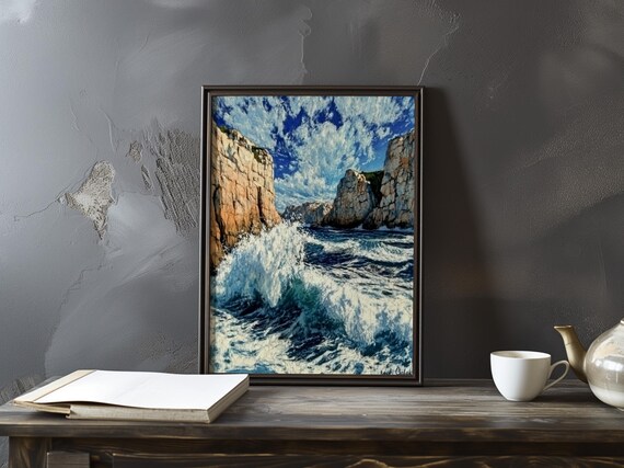Crashing Wave Between Towering Rock Cliffs Under Bright Sky Art Poster