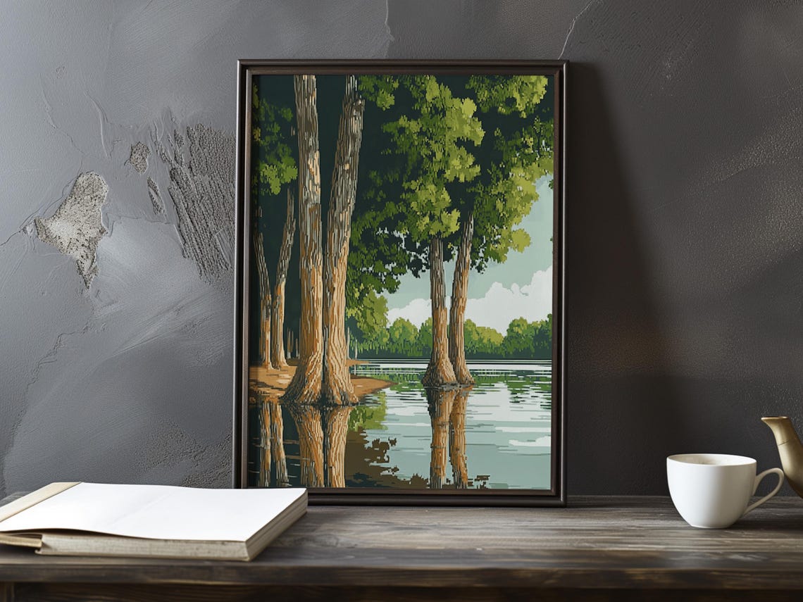 Tall Lakeside Trees Reflected in Calm Water Impressionist Poster