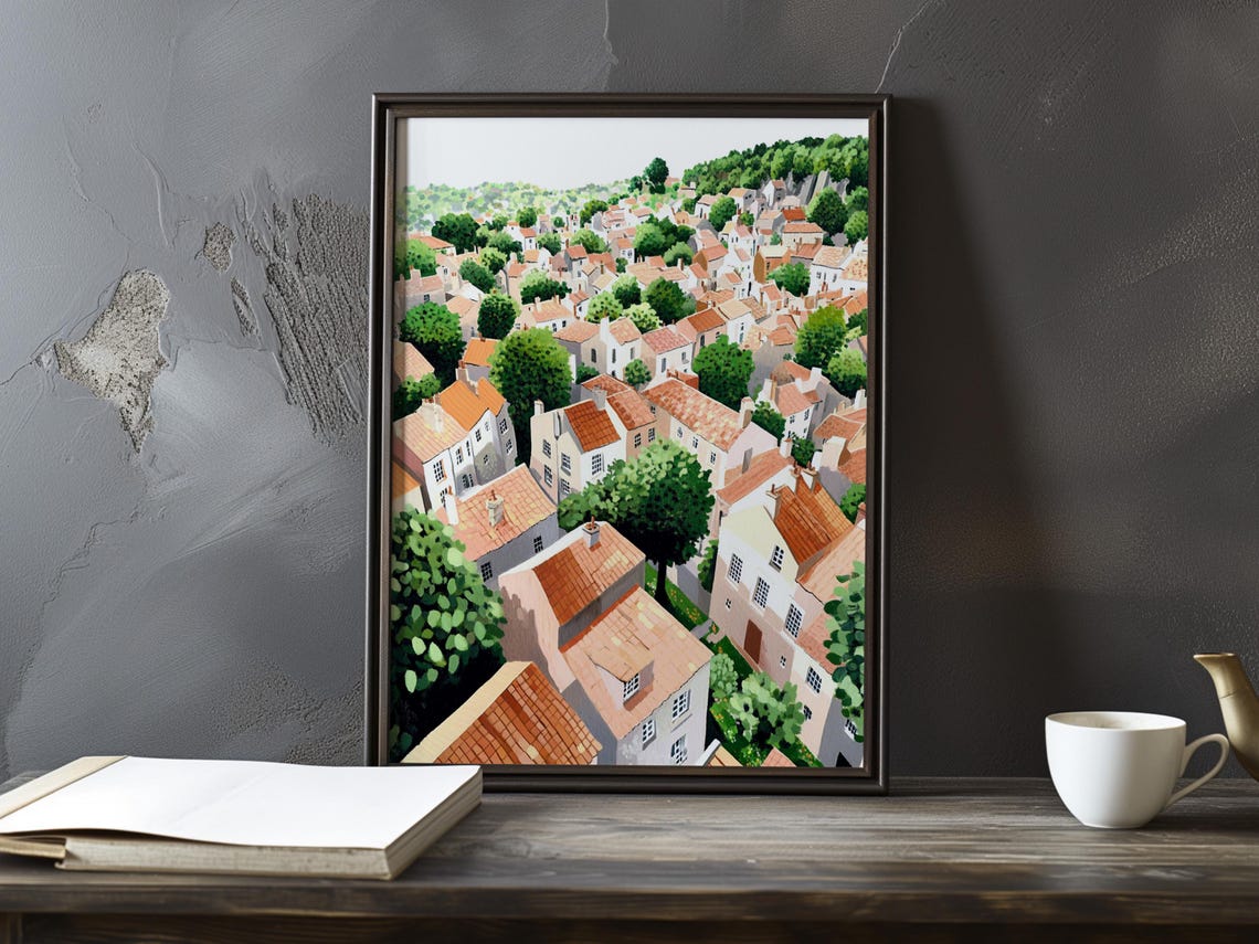 Aerial View of Terracotta Roofs among Lush Green Trees Poster
