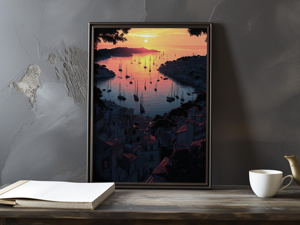 Sunset Bay with Sailboats Town Silhouette Orange Blue Art Poster