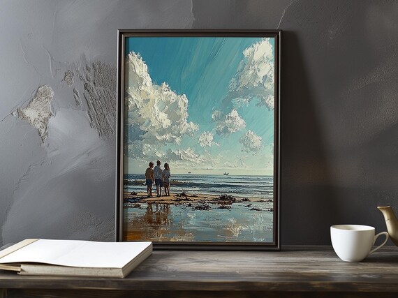 Three Figures on a Rocky Shore Under Dramatic Clouds Poster Art