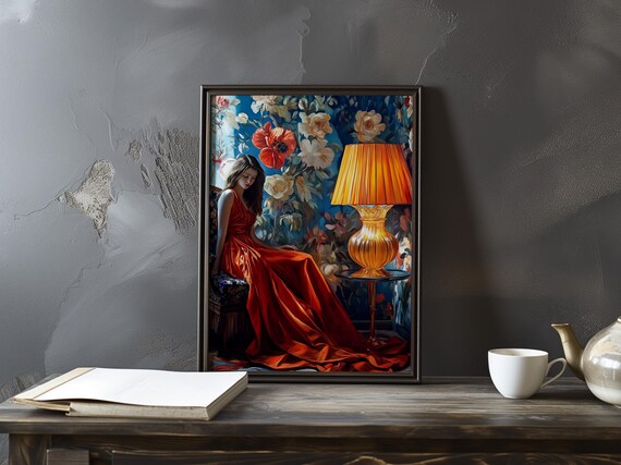 Woman in Red Dress with Amber Lamp Impressionist Figurative Art Poster