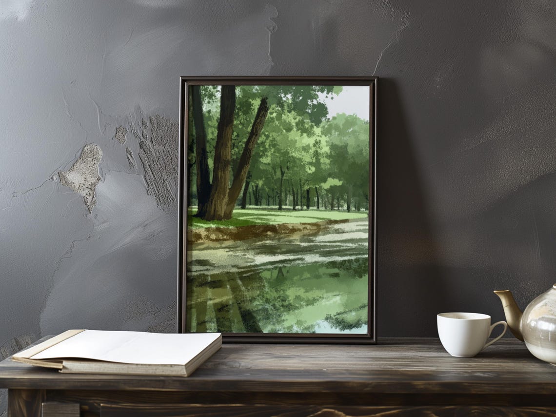Vallotton Inspired Sunlit Forest Clearing with a Pond Poster