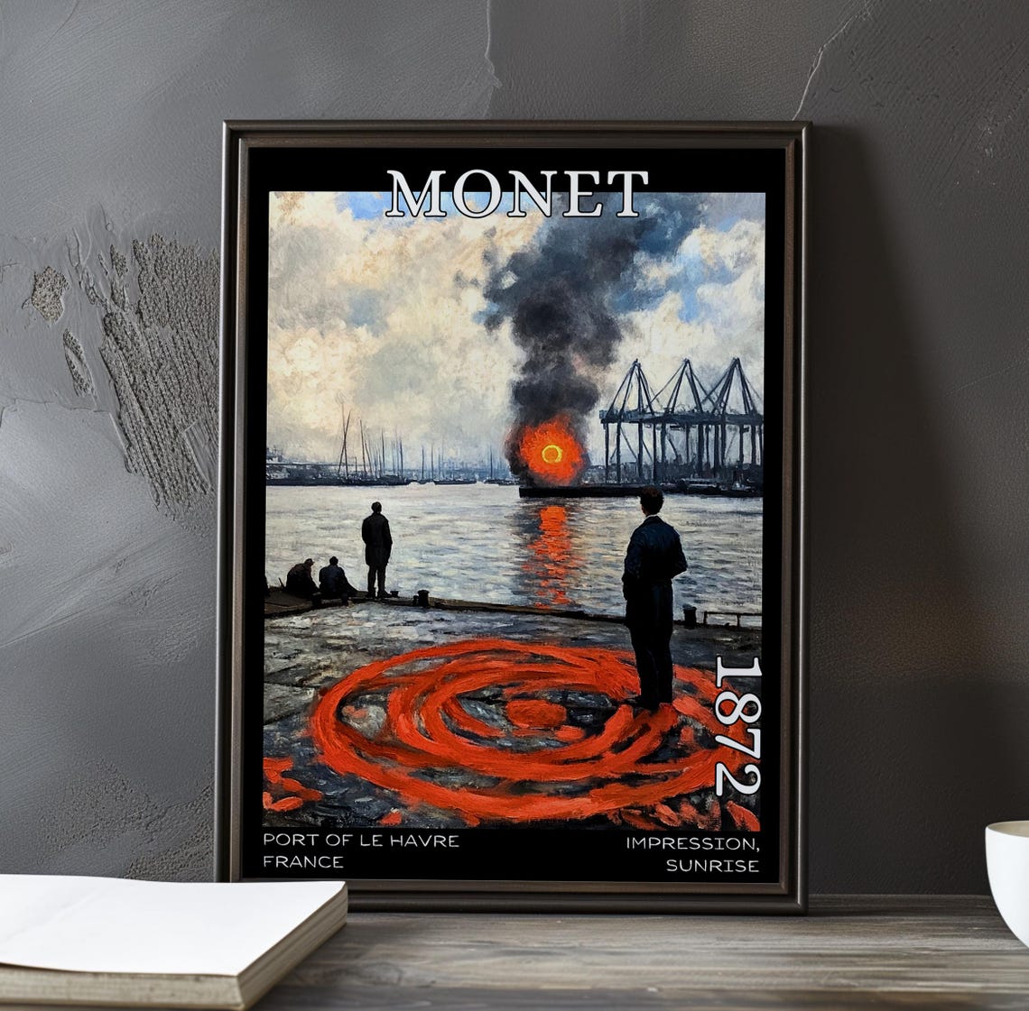 Monet 1872 Blazing Red Sun and Spiral Pavement at Le Havre Dock Poster