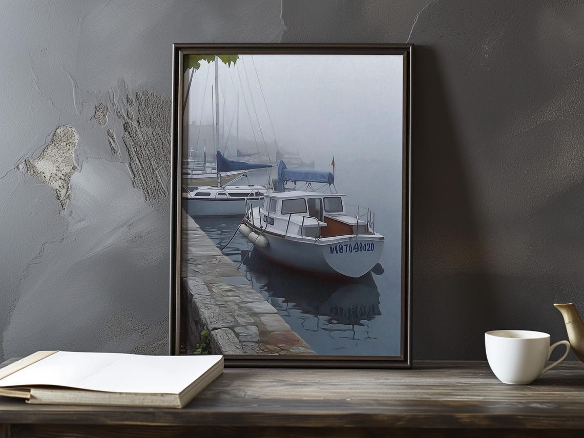 White Boats Moored at a Stone Quay in Soft Fog in a Harbour Poster