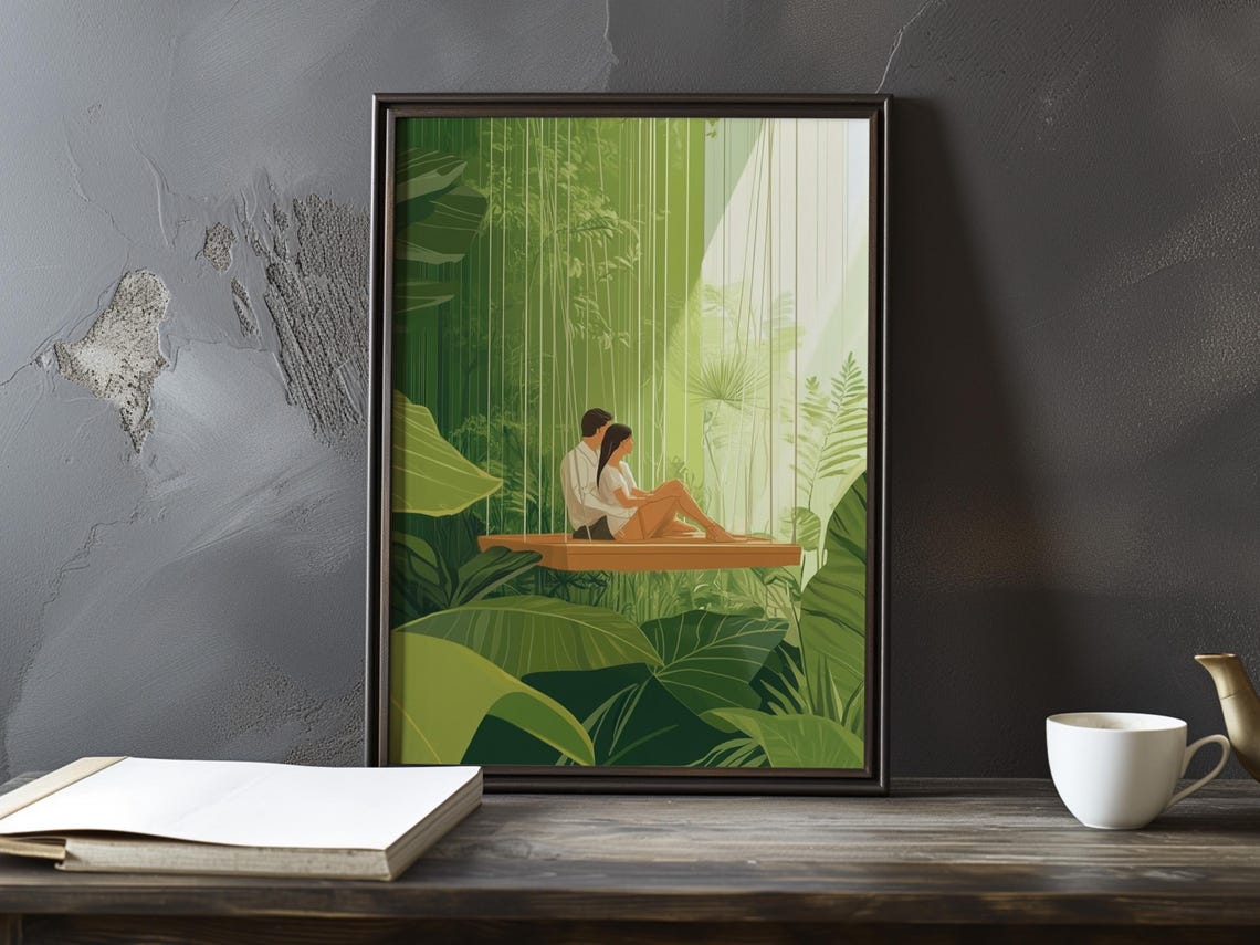 Couple on a Swing Together in Lush Green Conservatory Poster