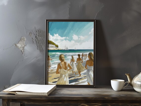 Women in White Dresses Wading into a Turquoise Sea Art Poster