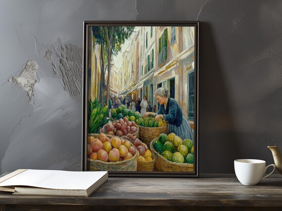 Sunlit Fruit Market Alley with Woman Arranging Baskets Poster