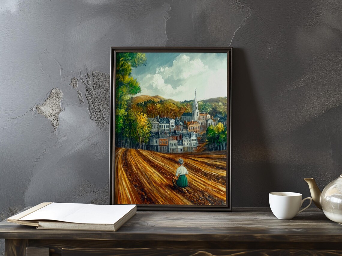 Village Church Steeple Beyond Golden Plowed Fields Autumn Art Poster