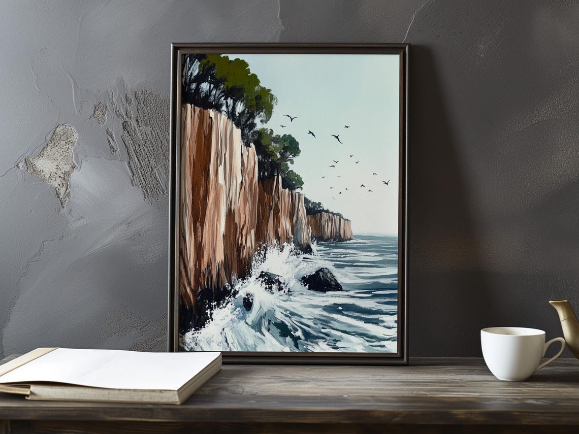 Rocky Sea Cliffs with Wheeling Birds Impressionist Coast Poster