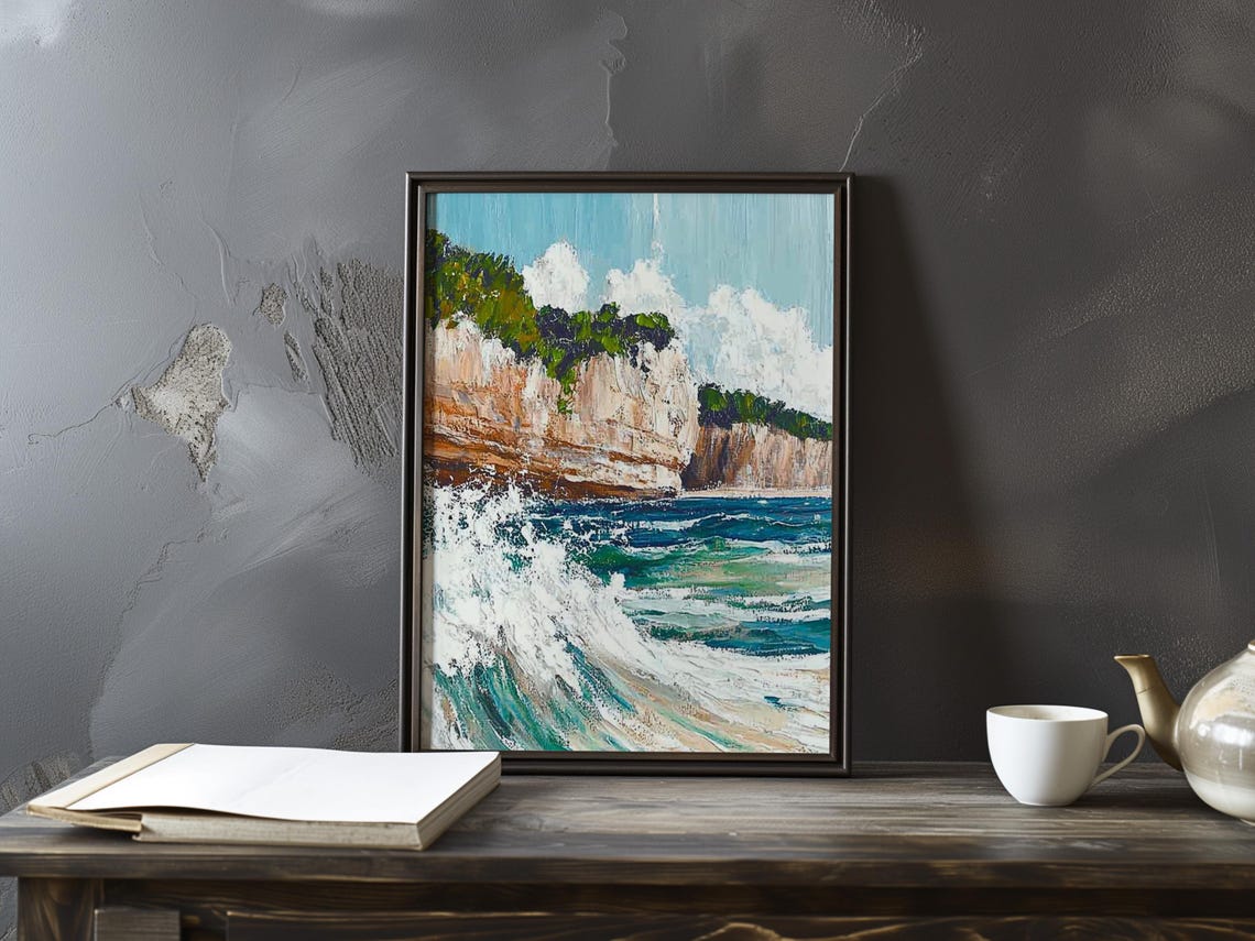 Curling Surf Beneath Layered Cliffs Topped With Green Trees Poster