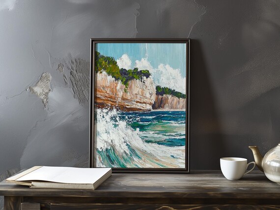 Curling Surf Beneath Layered Cliffs Topped With Green Trees Poster