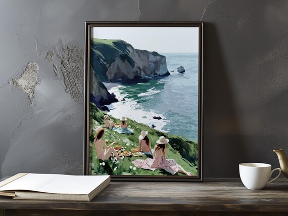 Cliffside Picnic Above a White Chalk Bay Impressionist Poster