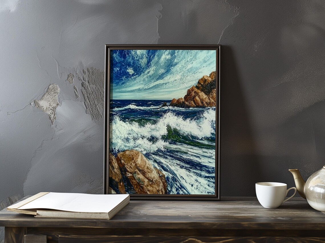 Foaming Breakers Rolling Toward Brown Cliffs Under a Wild Sky Art Poster