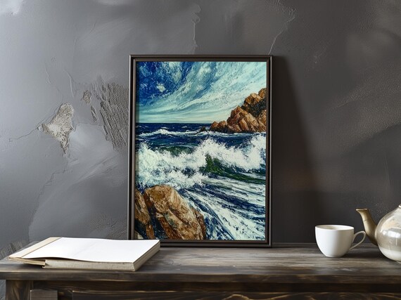 Foaming Breakers Rolling Toward Brown Cliffs Under a Wild Sky Art Poster