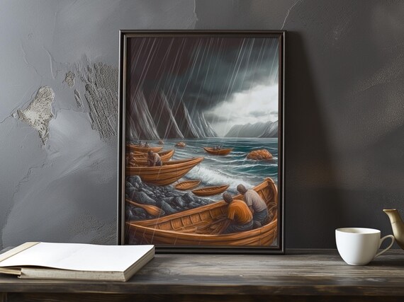 Wooden Boats On A Stormy Shore Beneath Dark Rainy Cliffs Poster
