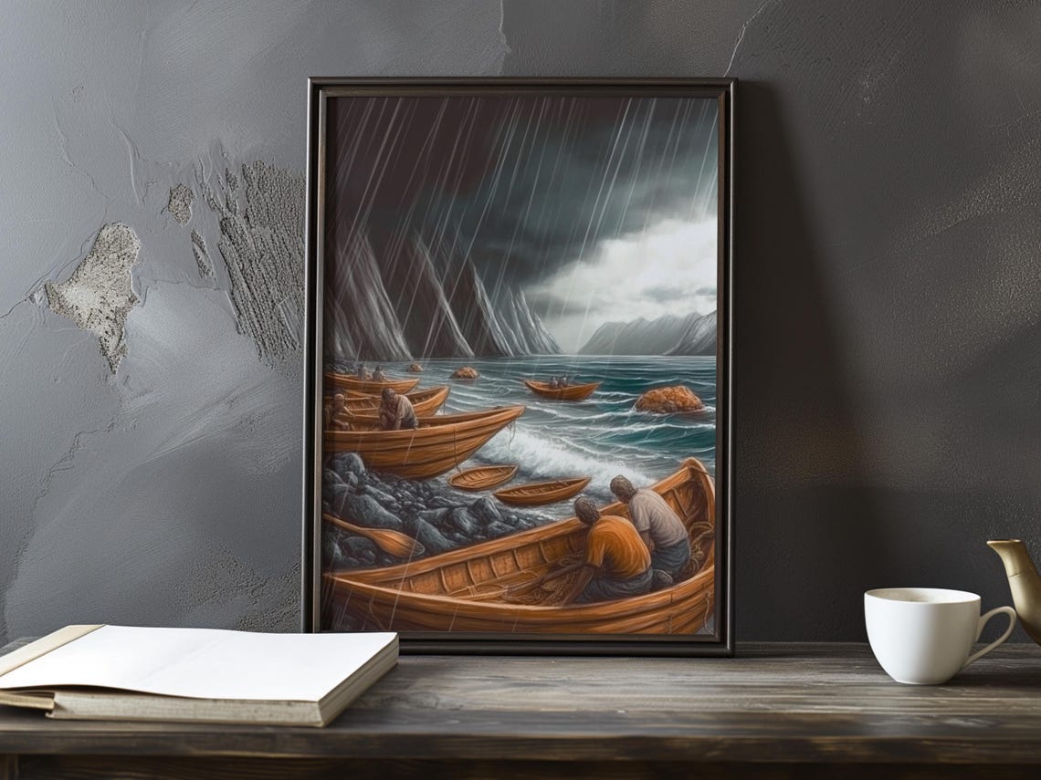 Wooden Boats On A Stormy Shore Beneath Dark Rainy Cliffs Poster