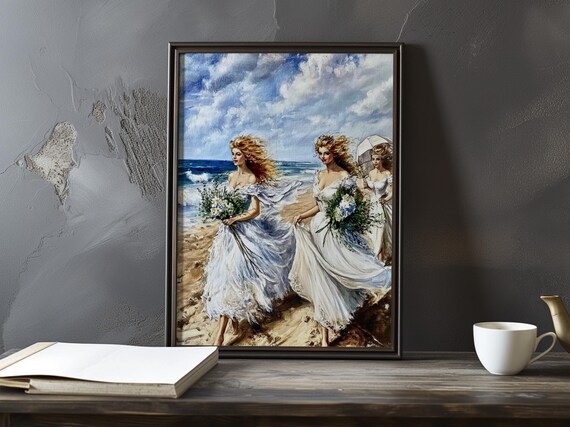 Women in White Dresses Running Along the Beach Oil Painting Poster