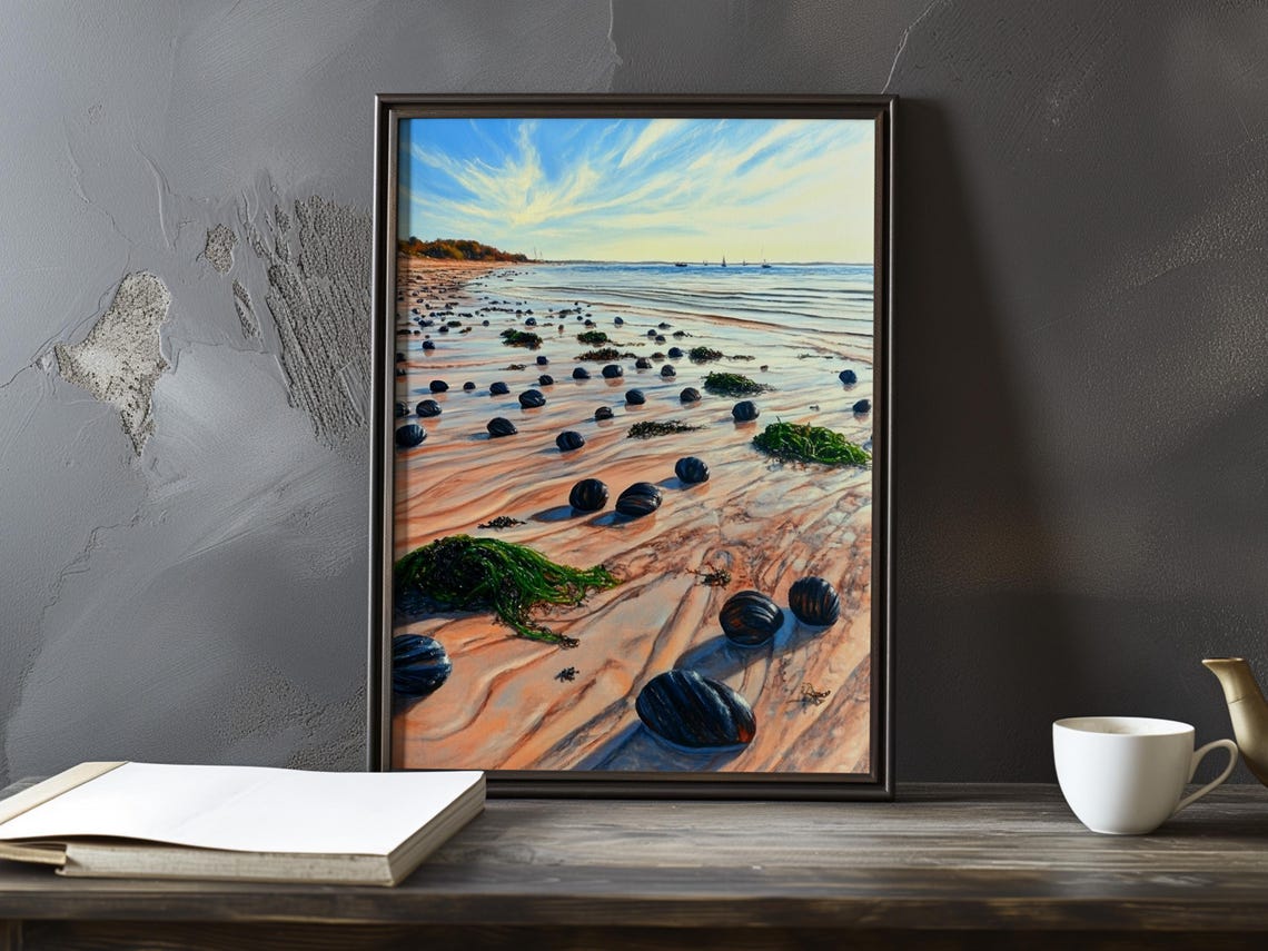 Low Tide Beach with Dark Boulders in Golden Light Poster Art