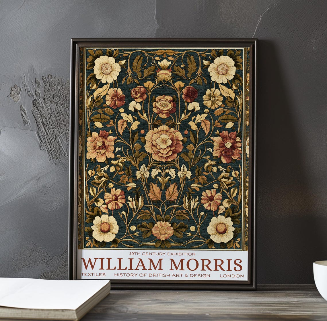William Morris Peony Blossom Tapestry Teal Exhibition Poster