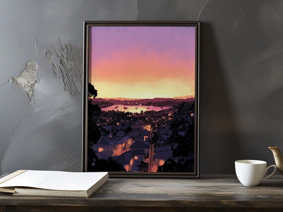 Hillside Town at Dusk with Glowing Windows Under Pink Sky Poster