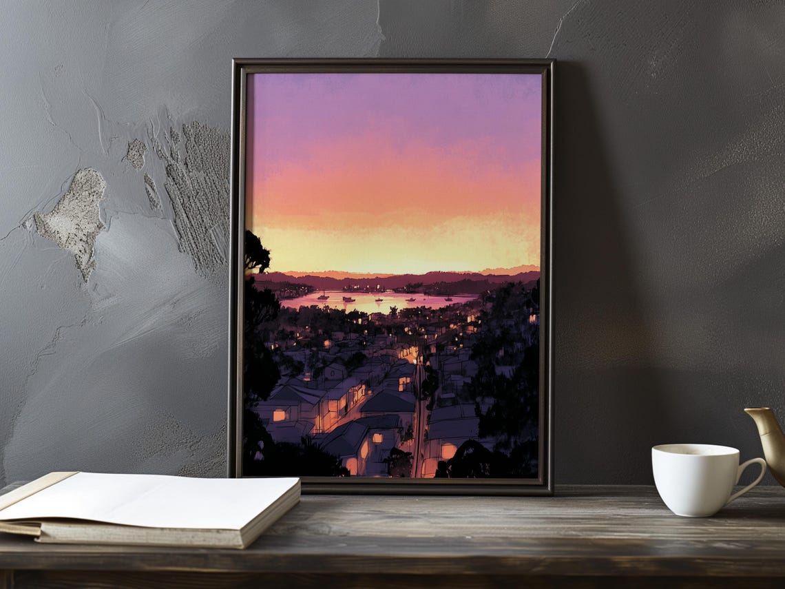 Hillside Town at Dusk with Glowing Windows Under Pink Sky Poster