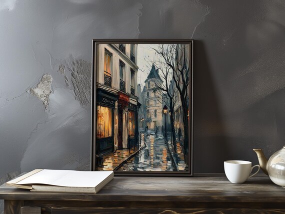 Glowing Shopfront Windows on a Rainy Paris Street at Dusk Poster