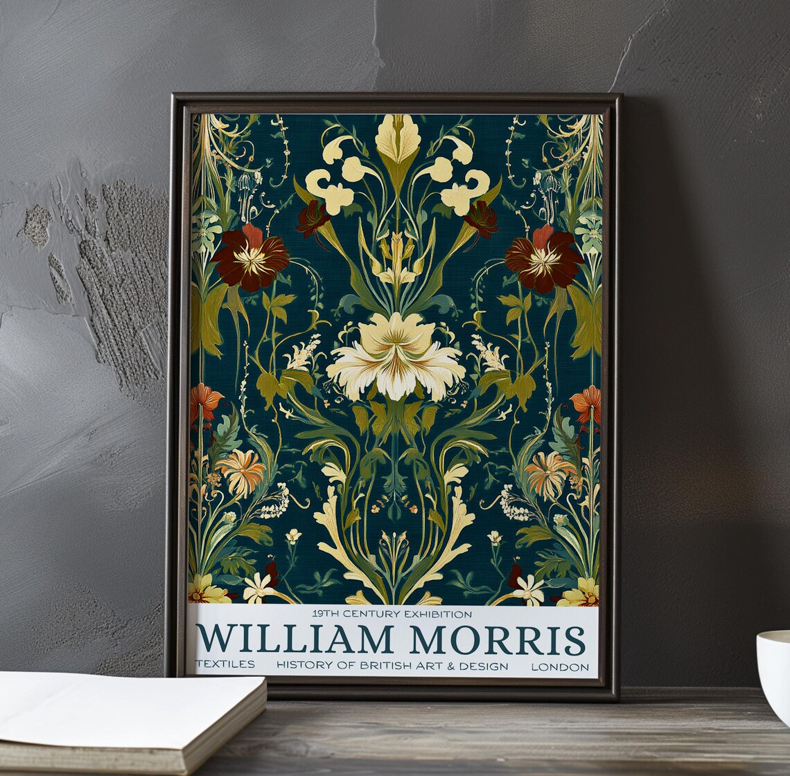 William Morris Cream Lily Crimson Blossom Teal Exhibition Poster
