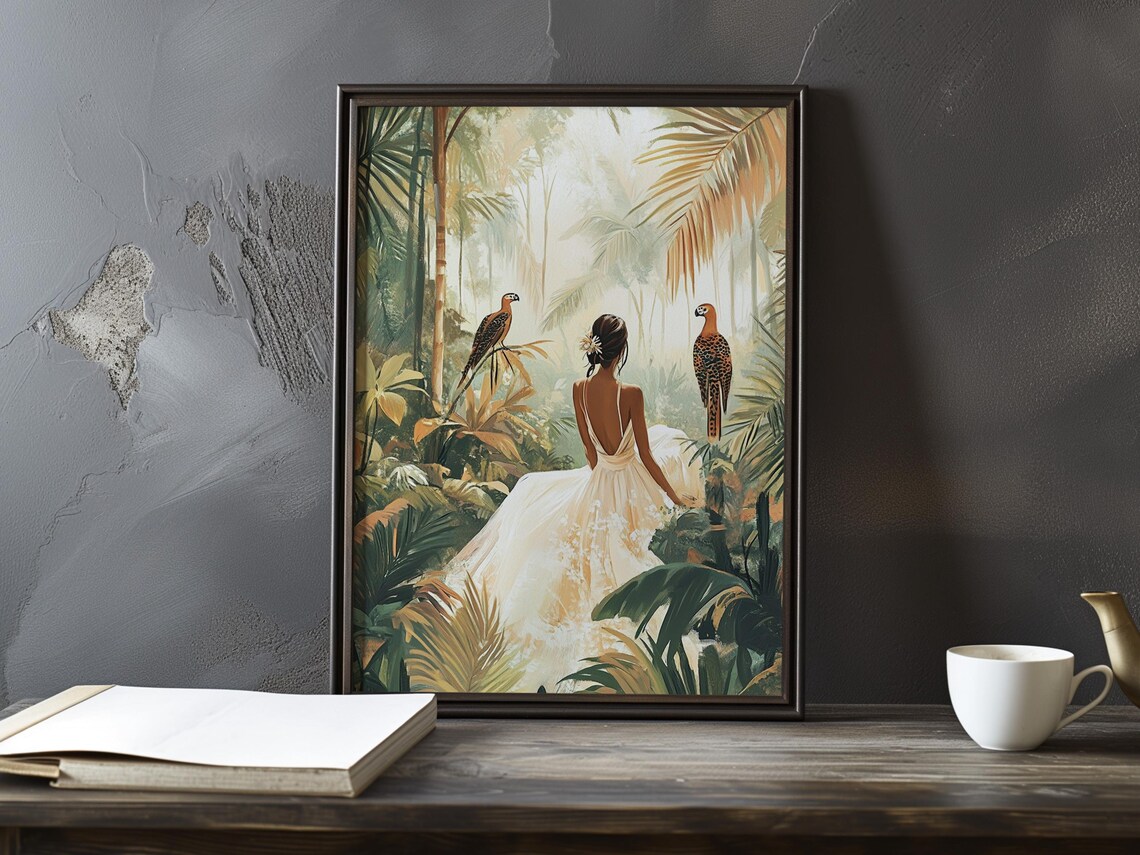 Woman in White Dress in Lush Tropical Garden with Parrots Poster