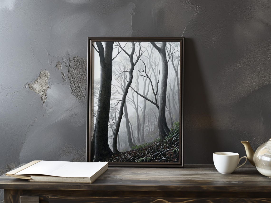 Monochrome Misty Forest of Bare Leaning Trees on a Slope Poster