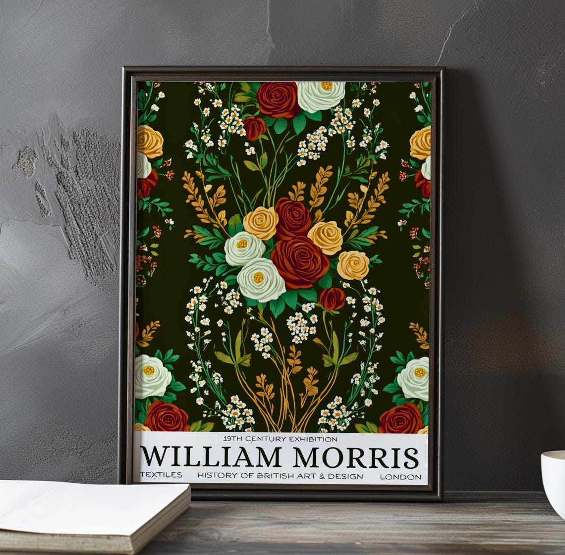 William Morris Red Cream Rose Bouquet on Dark Olive Ground Poster