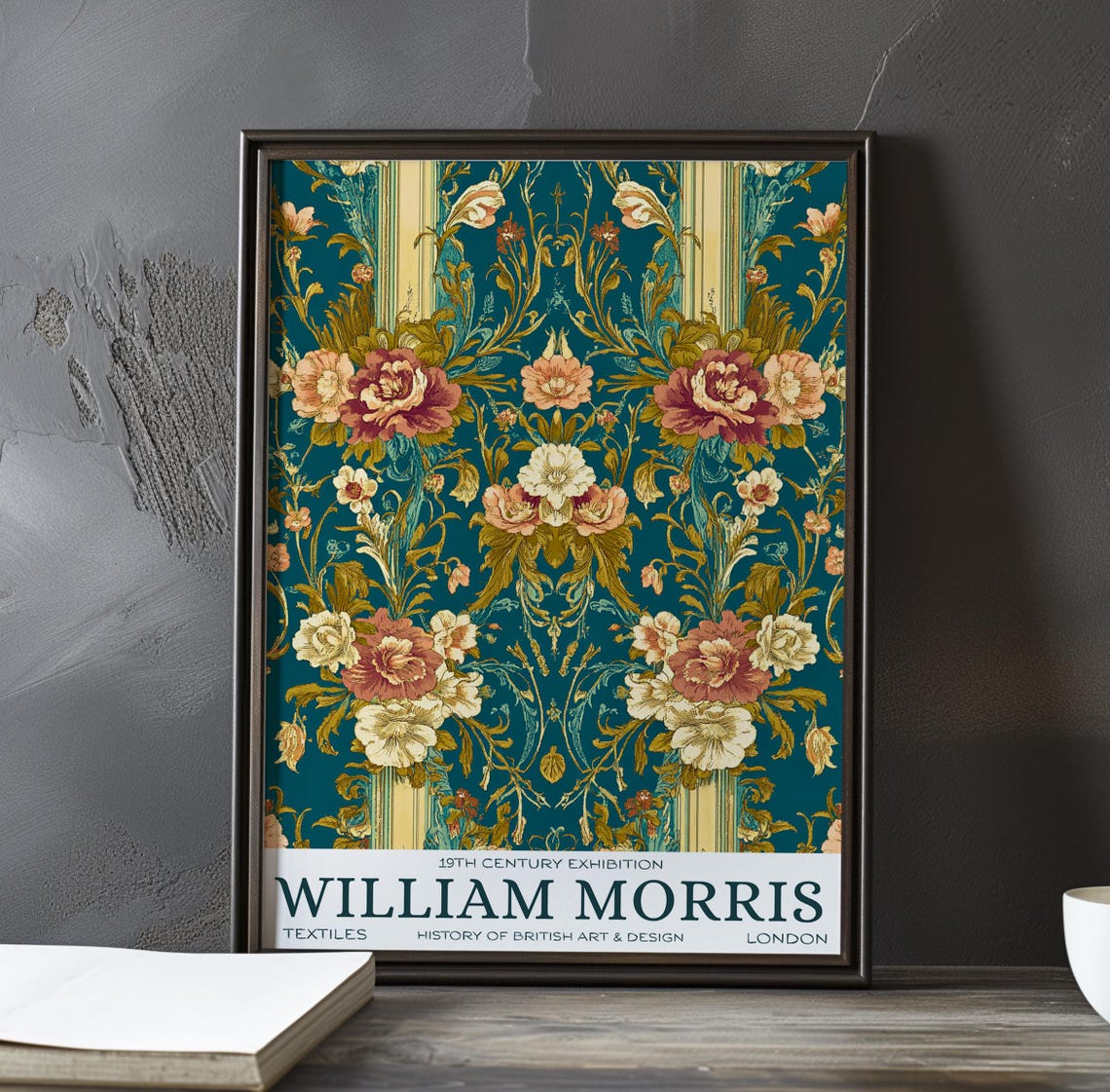 William Morris Teal Gold Striped Floral Textile Exhibition Poster