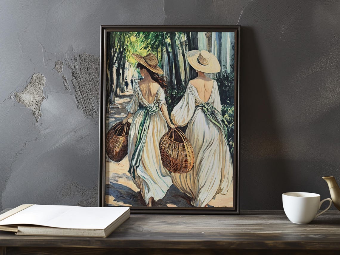 Two Women in White Dresses Carrying Baskets Summer Path Poster