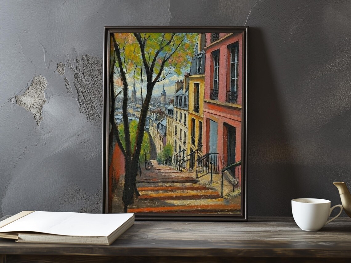 Montmartre Stairs Descending Past Colorful Houses Toward Paris Poster