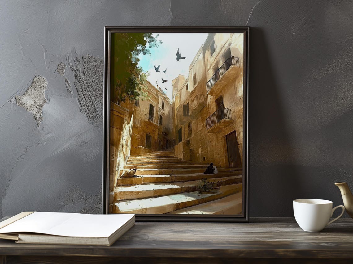 Sunlit Stone Steps Between Old Town Buildings With Birds Poster