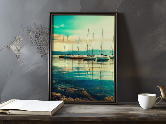 Sailboats Resting on Calm Waters at Daybreak Vintage Photo Poster