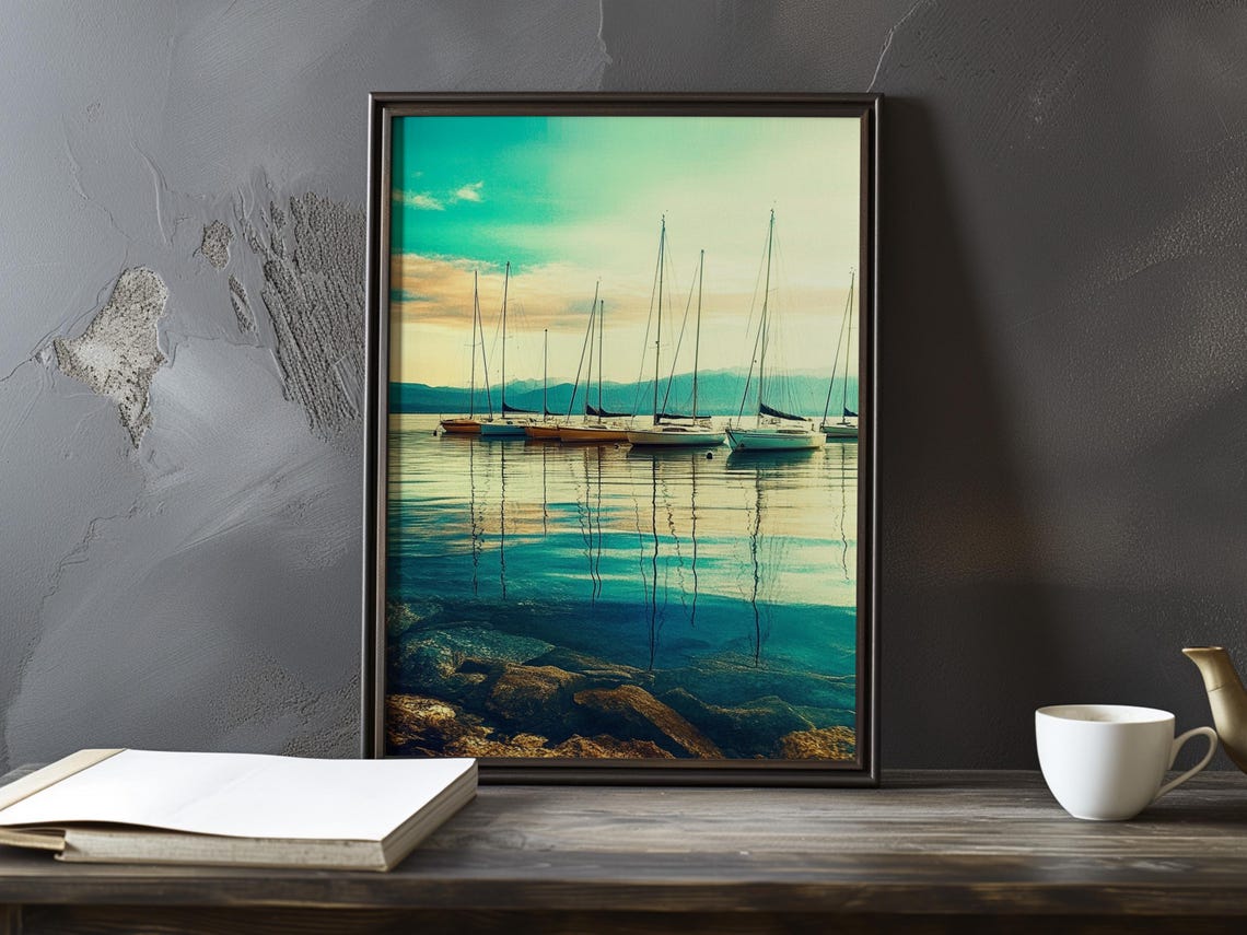 Sailboats Resting on Calm Waters at Daybreak Vintage Photo Poster