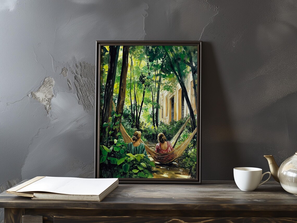 Two Women Relaxing in a Hammock in a Shady Garden Art Poster