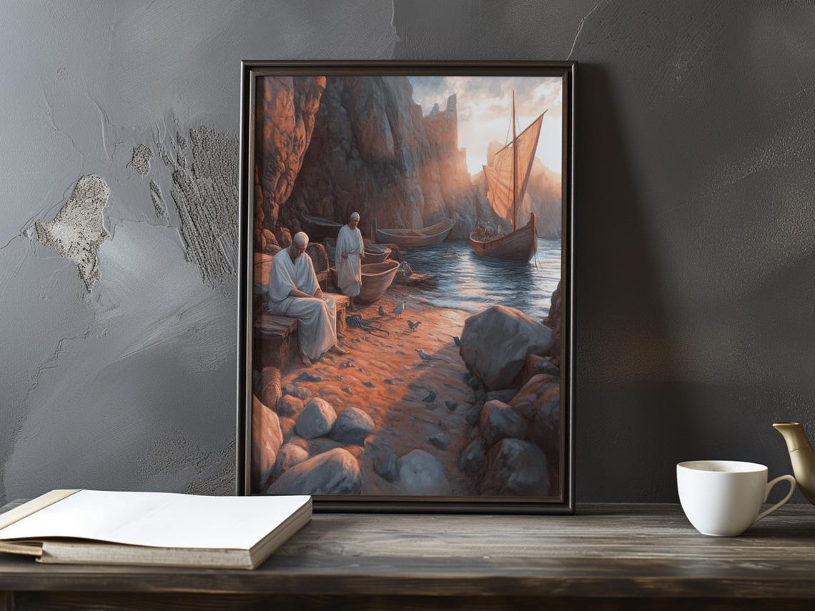Fishermen Resting At Sunset In A Rocky Cove With A Sailboat Poster