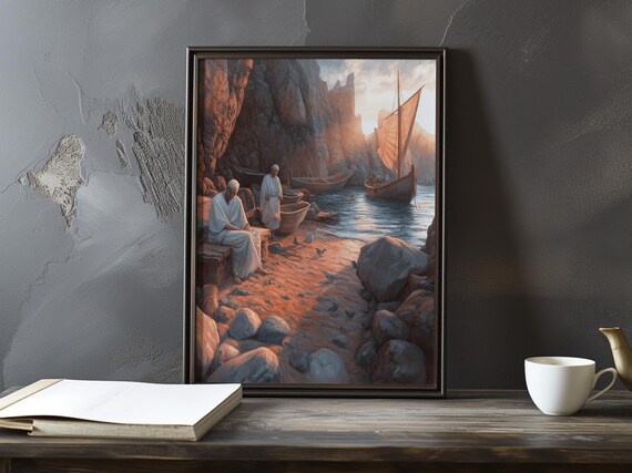 Fishermen Resting At Sunset In A Rocky Cove With A Sailboat Poster