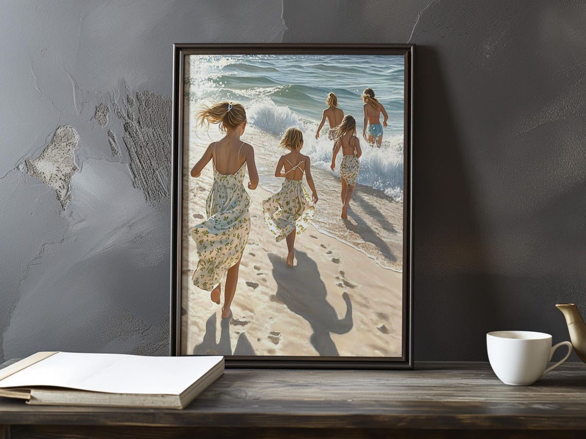 Girls In Floral Sundresses Running Toward The Ocean Waves Poster