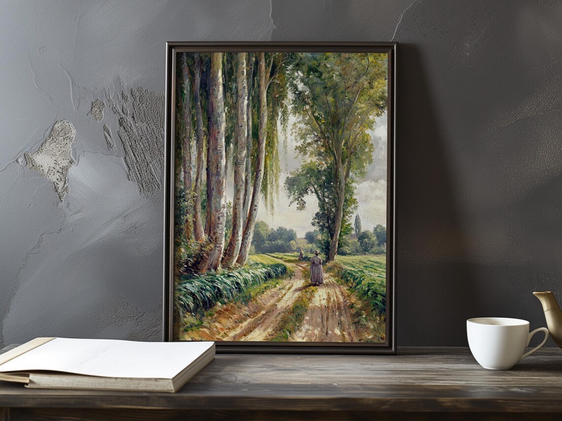 Solitary Woman on a Tree Lined Country Road Impressionist Poster