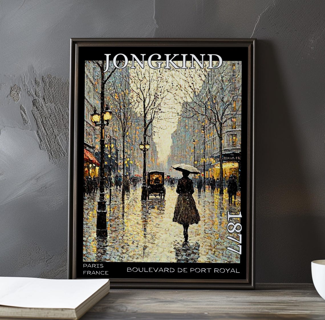 Jongkind 1877 Woman with Umbrella on Rainy Night Boulevard Poster