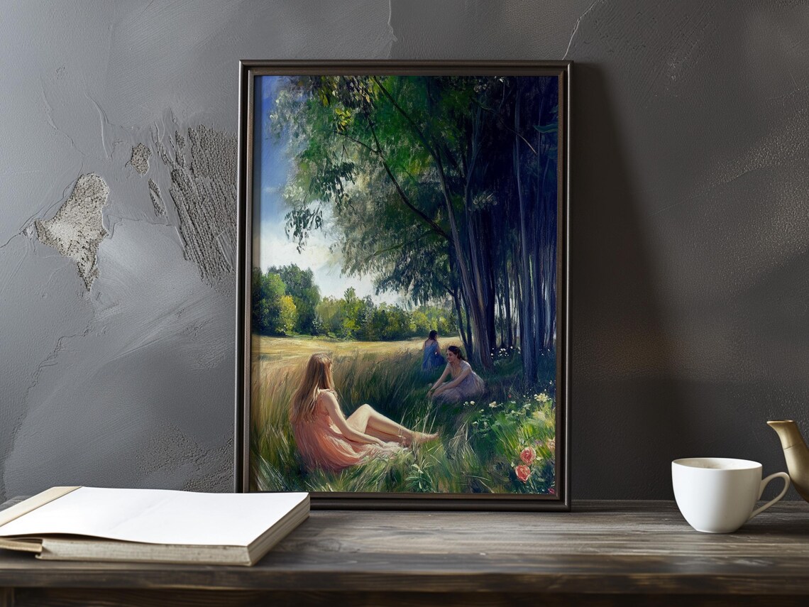 Woman In Peach Dress Sitting Alone In A Wildflower Meadow Poster