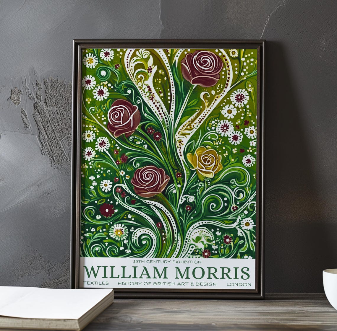 William Morris Swirling Green Vines and Roses Nouveau Floral Poster