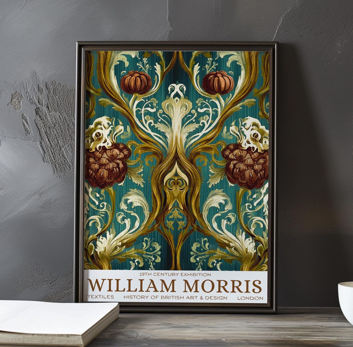 William Morris Baroque Gold Scrolls Russet Blooms Teal Poster