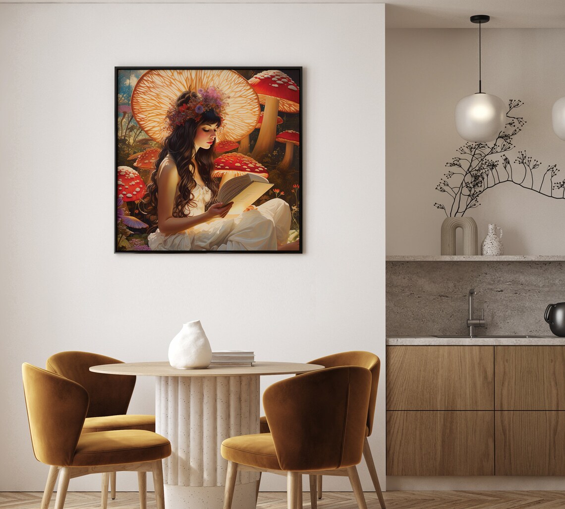 Woman Reading Book Among Giant Mushrooms Cottagecore Fantasy Poster - Image 2